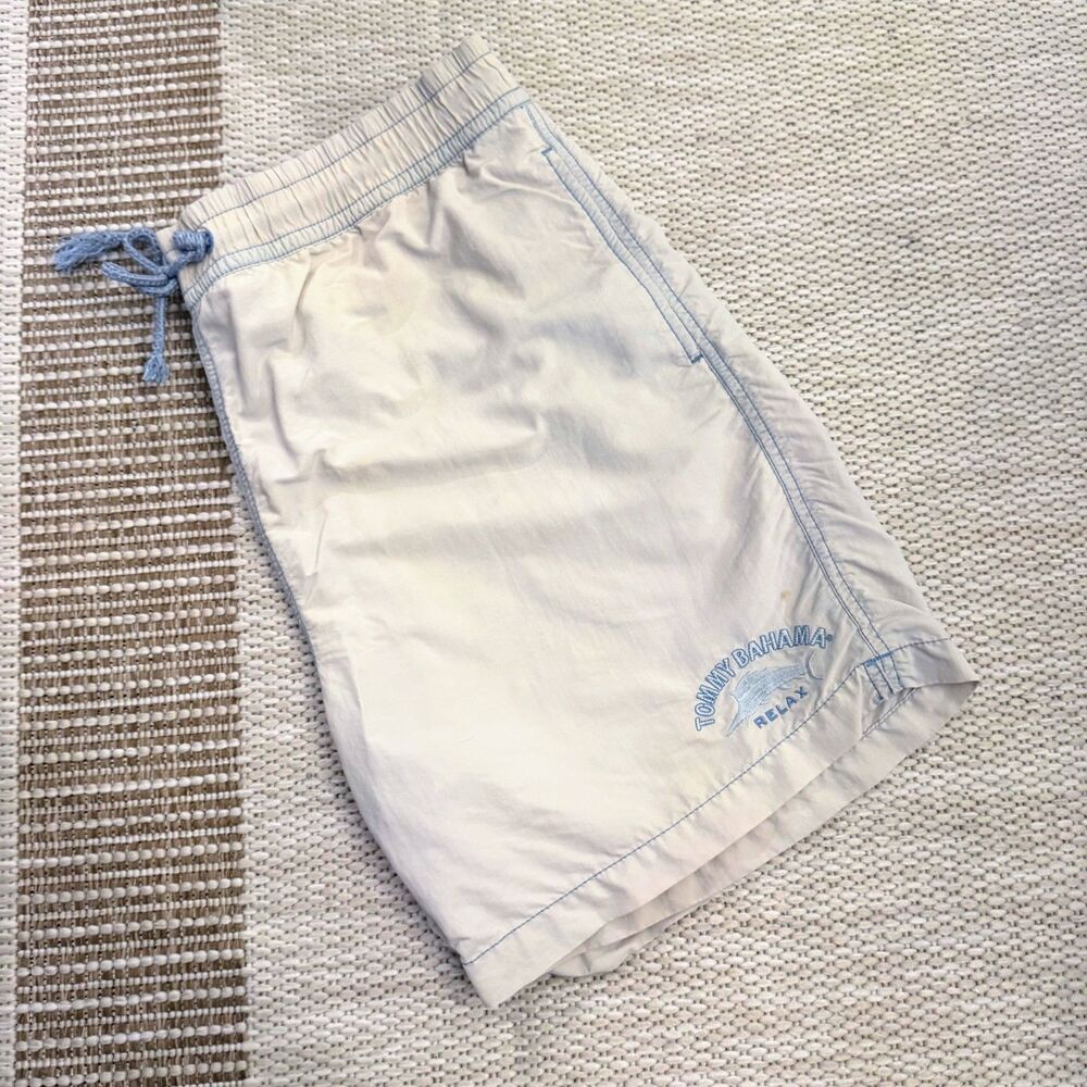 Tommy Bahama Mens Relax Swim Trunks Beige Blue Size M Cargo Pockets **READ**